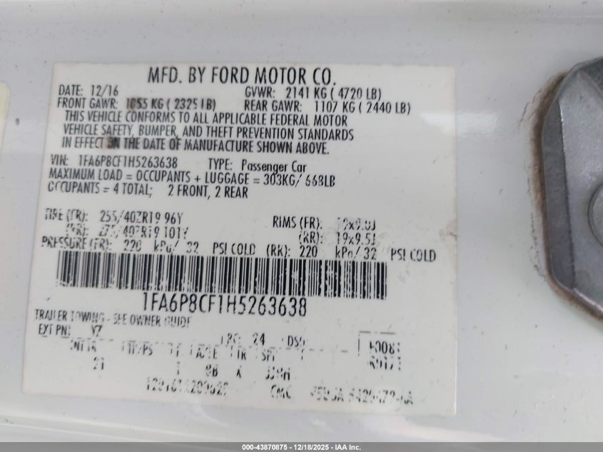 2017 Ford Mustang Gt VIN: 1FA6P8CF1H5263638 Lot: 43870875