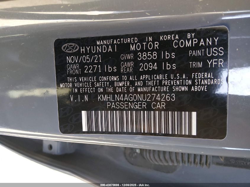 2022 Hyundai Elantra Sel VIN: KMHLN4AG0NU274263 Lot: 43870886