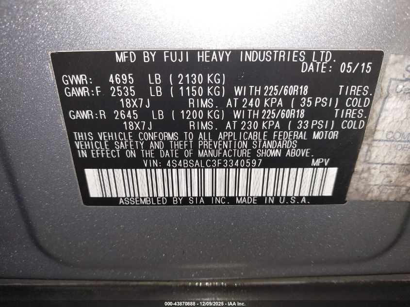 2015 Subaru Outback 2.5I Limited VIN: 4S4BSALC3F3340597 Lot: 43870888