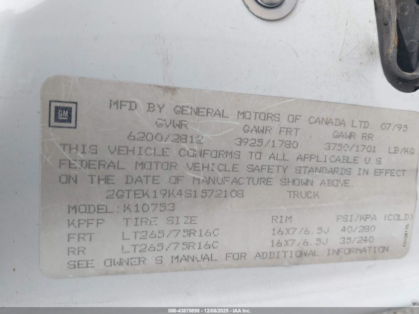 1995 GMC Sierra K1500 VIN: 2GTEK19K4S1572108 Lot: 43870898