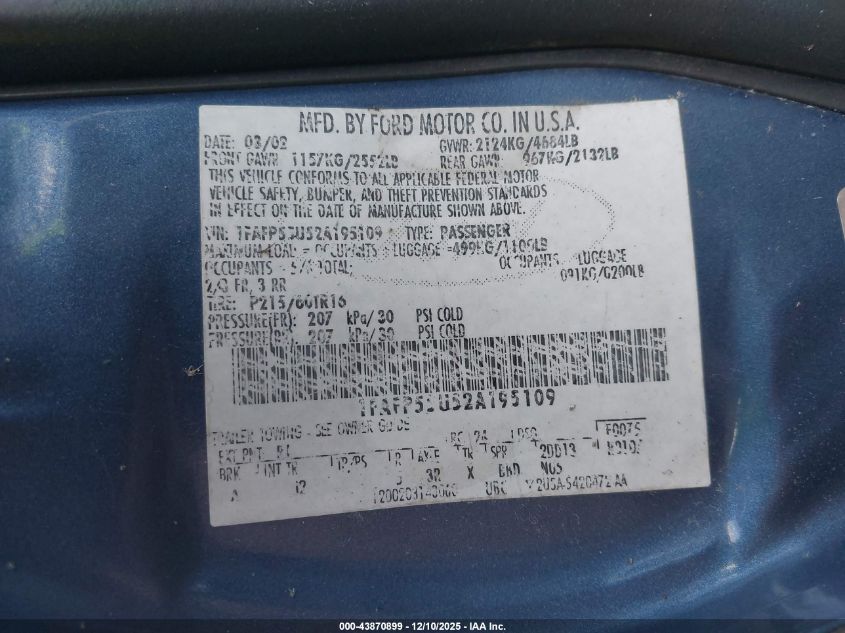 2002 Ford Taurus Ses VIN: 1FAFP55U52A195109 Lot: 43870899