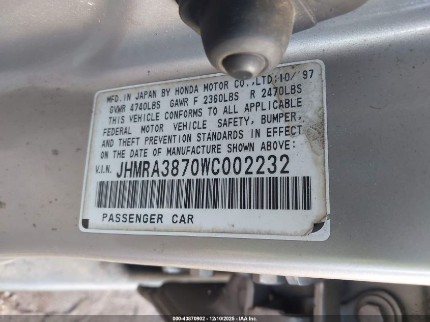 1998 Honda Odyssey Ex VIN: JHMRA3870WC002232 Lot: 43870902