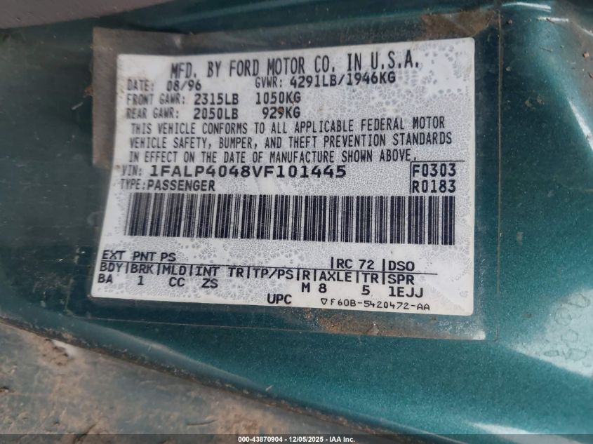 1997 Ford Mustang VIN: 1FALP4048VF101445 Lot: 43870904