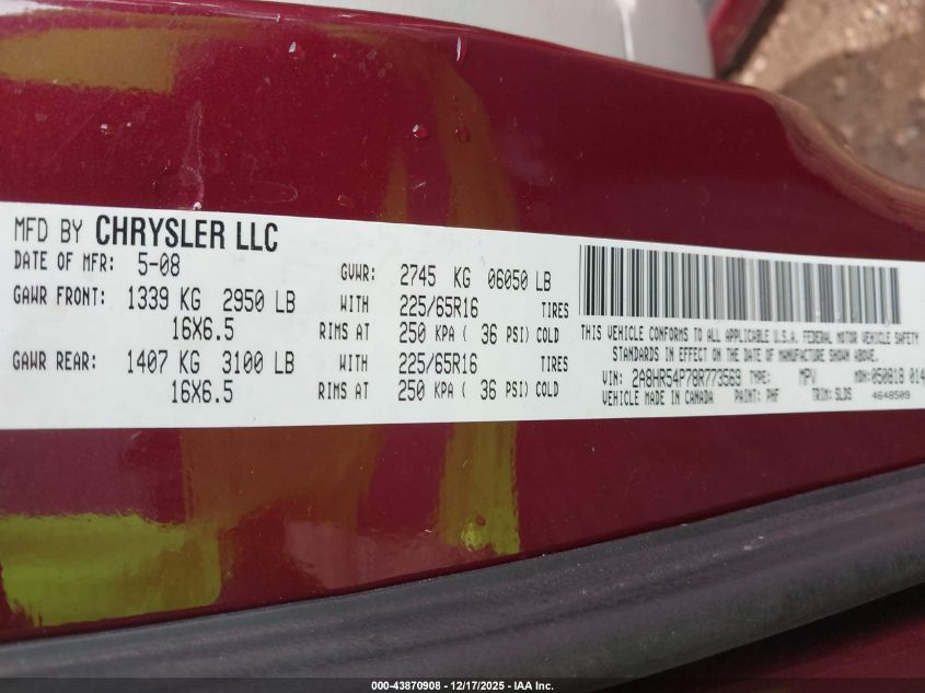 2008 Chrysler Town & Country Touring VIN: 2A8HR54P78R773569 Lot: 43870908