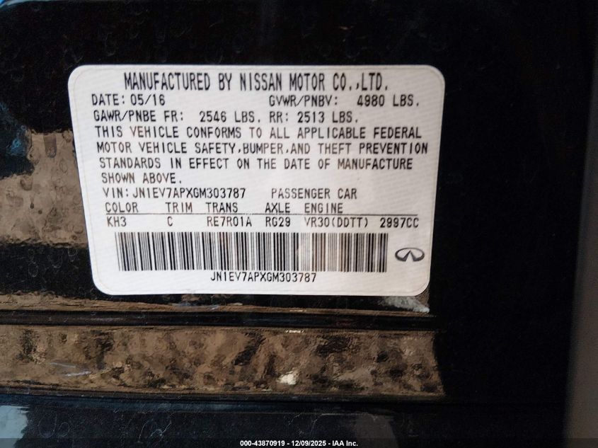 2016 Infiniti Q50 3.0T Premium VIN: JN1EV7APXGM303787 Lot: 43870919