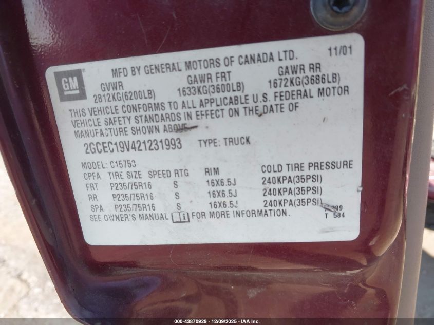 2002 Chevrolet Silverado 1500 Ls VIN: 2GCEC19V421231993 Lot: 43870929