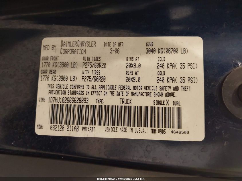 2006 Dodge Ram 1500 Slt/Trx4 Off Road/Sport VIN: 1D7HU18266S628893 Lot: 43870945