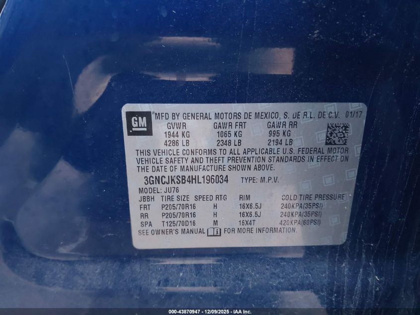 2017 Chevrolet Trax Ls VIN: 3GNCJKSB4HL196034 Lot: 43870947