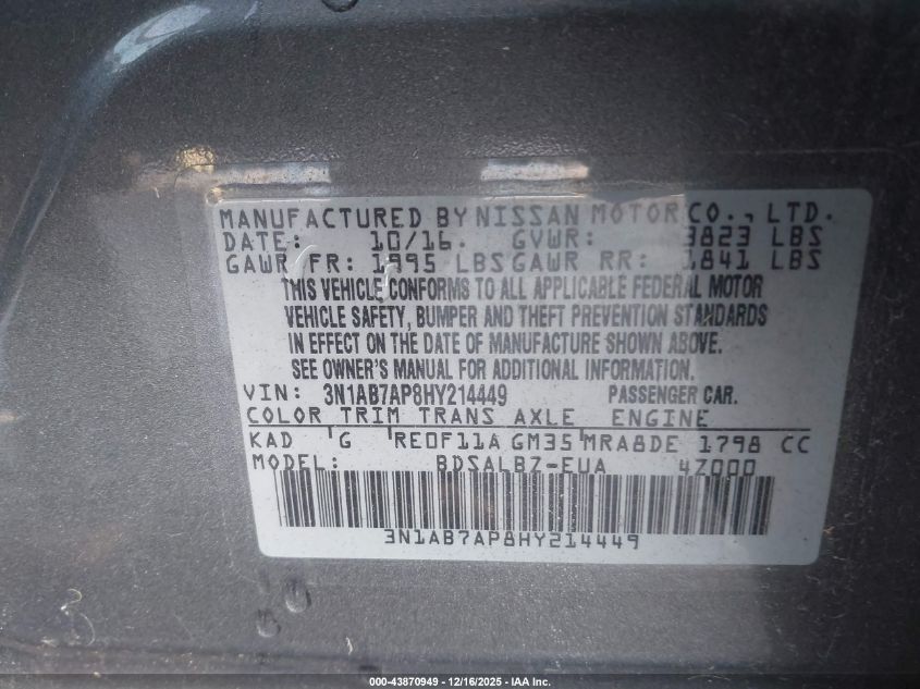 2017 Nissan Sentra S VIN: 3N1AB7AP8HY214449 Lot: 43870949