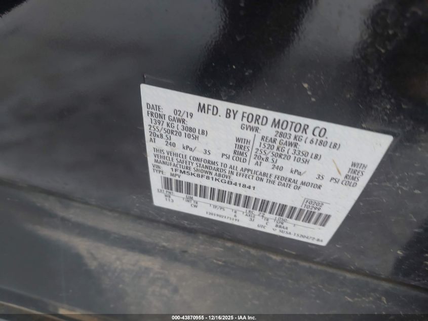 2019 Ford Explorer Limited VIN: 1FM5K8F81KGB41841 Lot: 43870955