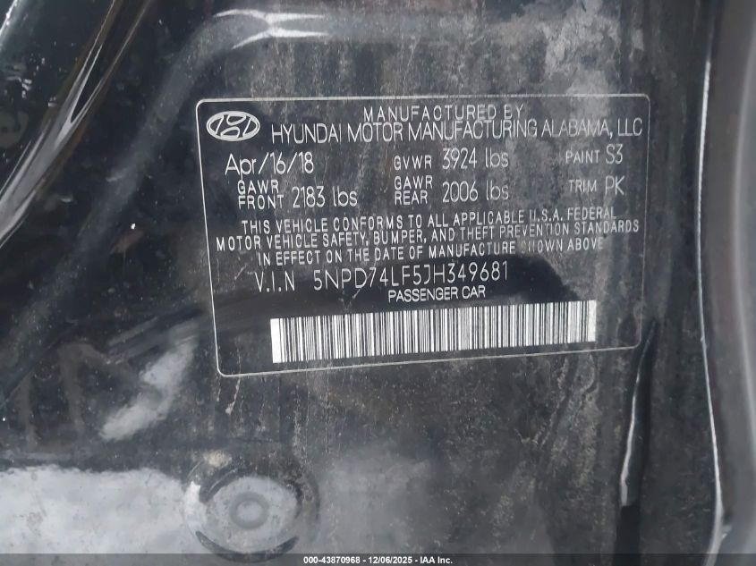 2018 Hyundai Elantra Se VIN: 5NPD74LF5JH349681 Lot: 43870968