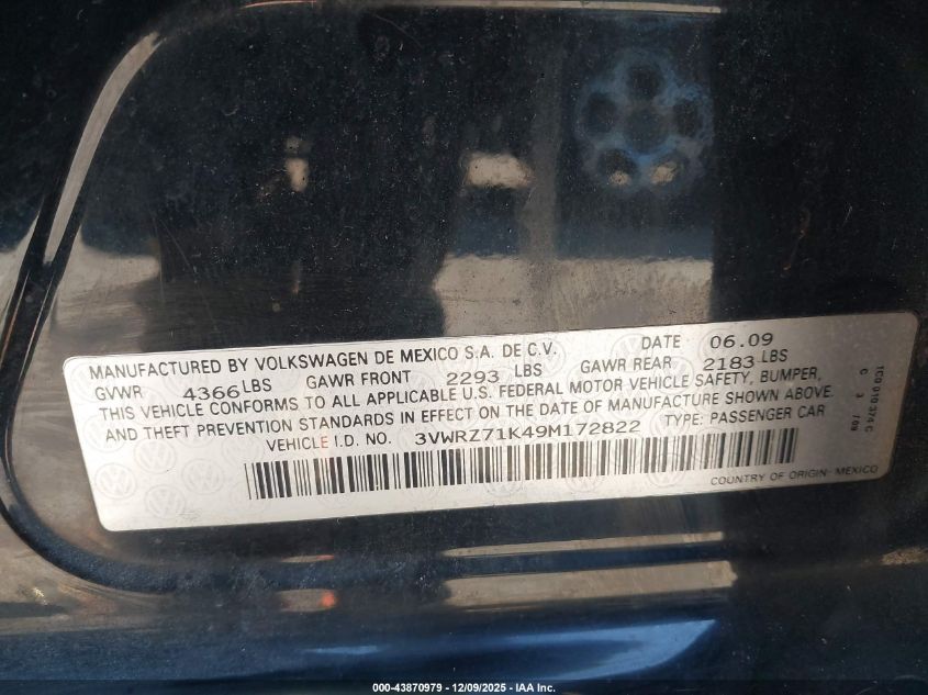 2009 Volkswagen Jetta Se VIN: 3VWRZ71K49M172822 Lot: 43870979