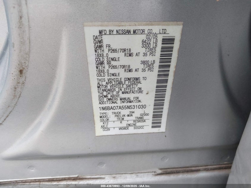 1N6BA07A55N531030 2005 NISSAN TITAN photo no. 9