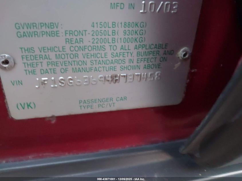 2004 Subaru Forester 2.5X VIN: JF1SG63694H737458 Lot: 43871001