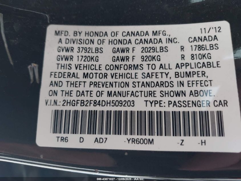 2013 Honda Civic Ex VIN: 2HGFB2F84DH509203 Lot: 43871027