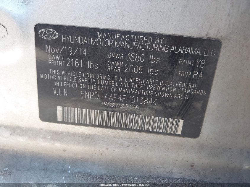 2015 Hyundai Elantra Se VIN: 5NPDH4AE4FH613844 Lot: 43871032