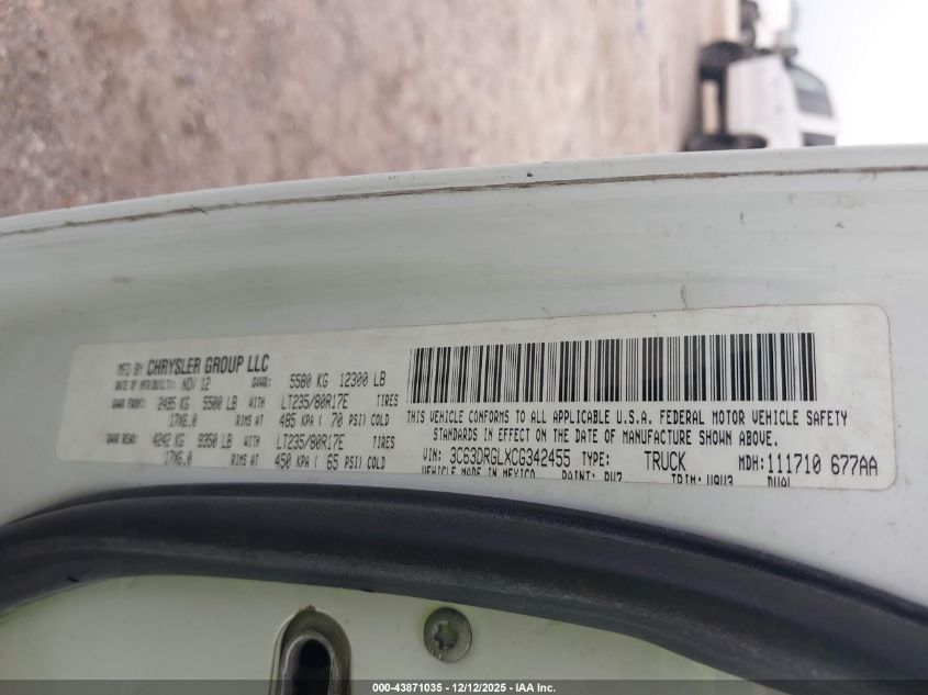 2012 Ram 3500 St VIN: 3C63DRGLXCG342455 Lot: 43871035