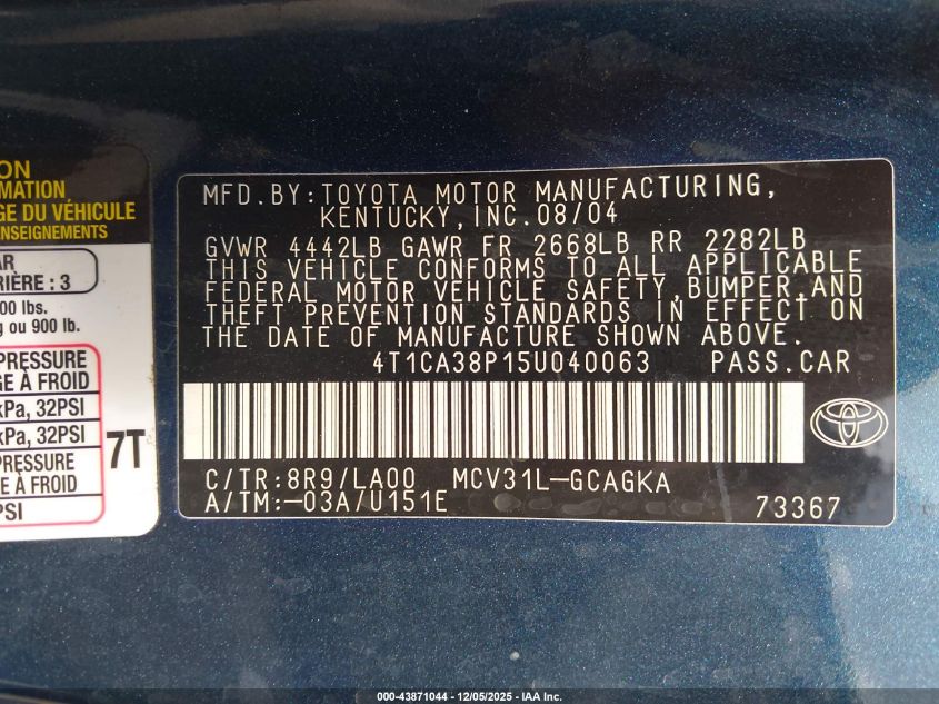 2005 Toyota Camry Solara Sle V6 VIN: 4T1CA38P15U040063 Lot: 43871044