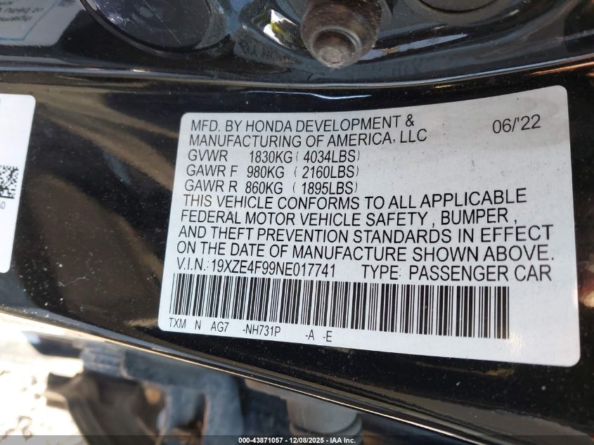 2022 Honda Insight Touring VIN: 19XZE4F99NE017741 Lot: 43871057