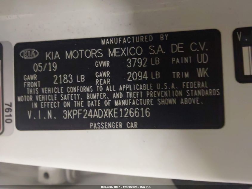 2019 Kia Forte Lxs VIN: 3KPF24ADXKE126616 Lot: 43871067