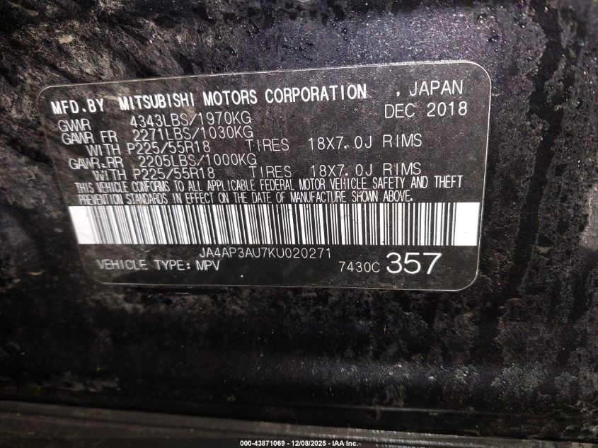 2019 Mitsubishi Outlander Sport 2.0 Es VIN: JA4AP3AU7KU020271 Lot: 43871069