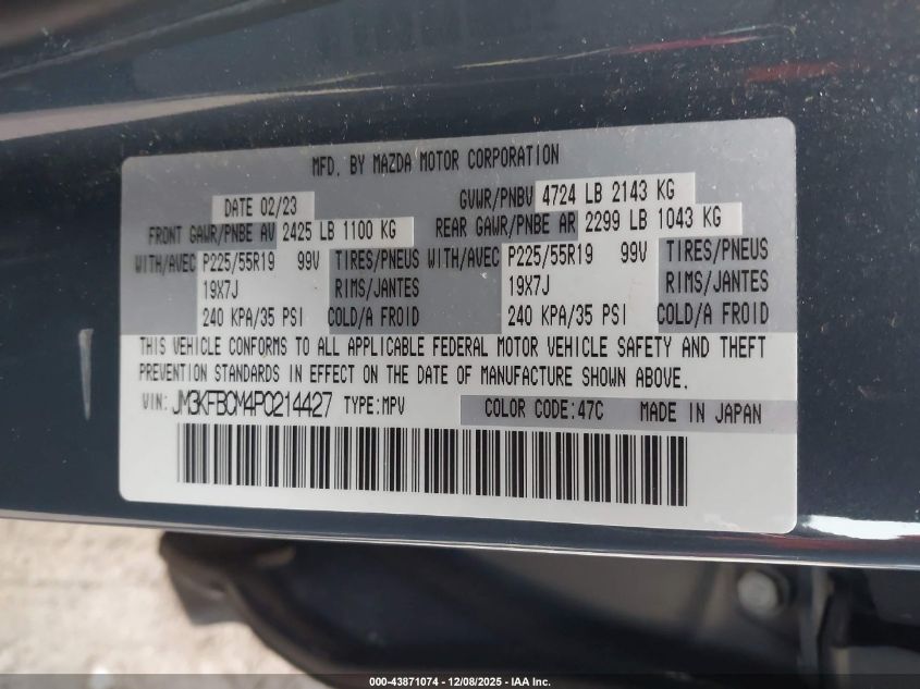 2023 Mazda Cx-5 2.5 S Carbon Edition VIN: JM3KFBCM4P0214427 Lot: 43871074