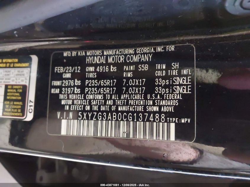 2012 Hyundai Santa Fe Gls VIN: 5XYZG3AB0CG137488 Lot: 43871081