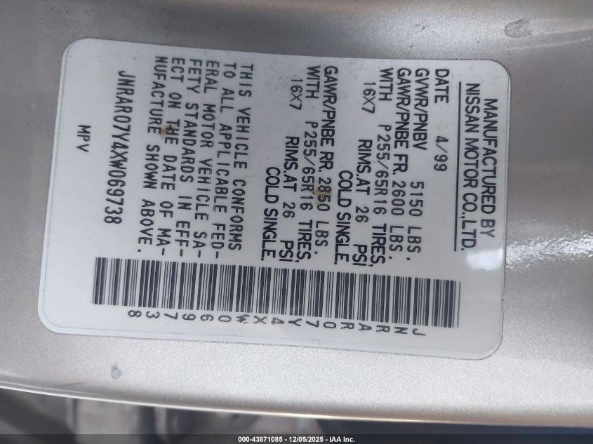 1999 Infiniti Qx4 VIN: JNRAR07Y4XW069738 Lot: 43871085