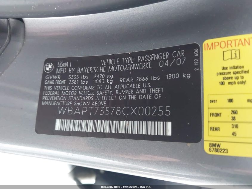 2008 BMW 535Xi VIN: WBAPT73578CX00255 Lot: 43871090