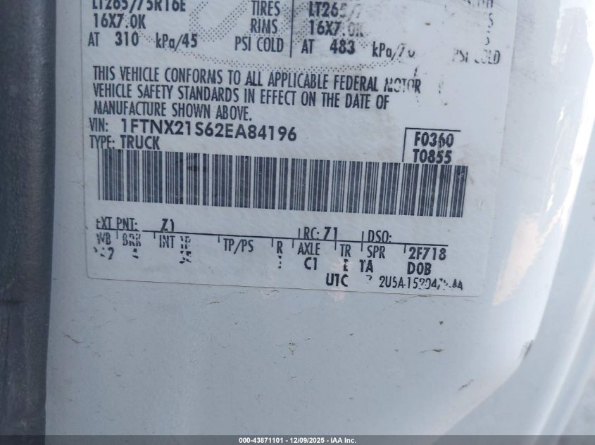 2002 Ford F-250 Lariat/Xl/Xlt VIN: 1FTNX21S62EA84196 Lot: 43871101