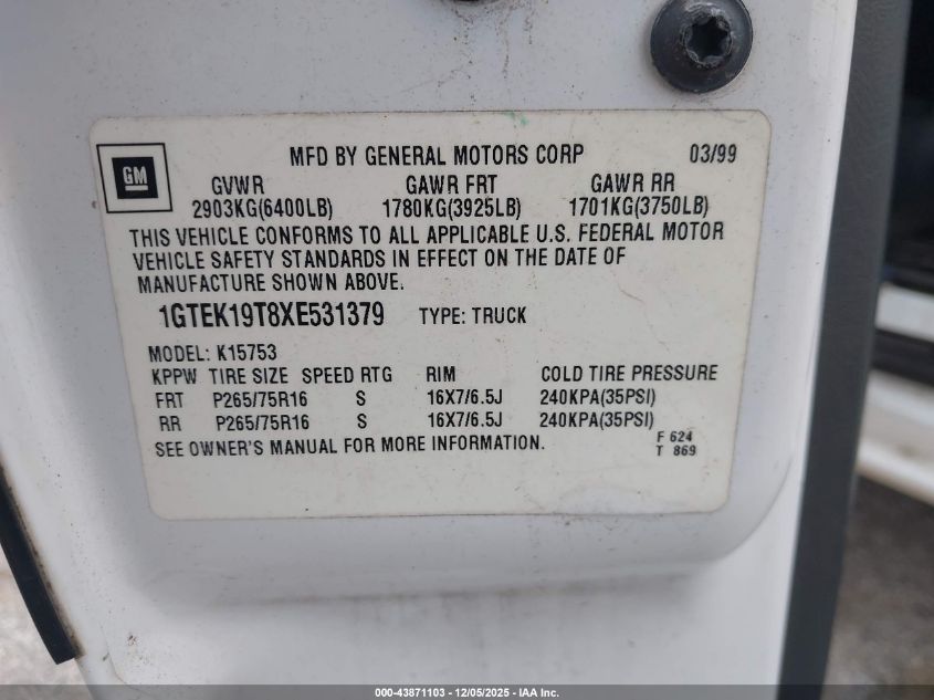 1999 GMC Sierra 1500 Sle VIN: 1GTEK19T8XE531379 Lot: 43871103