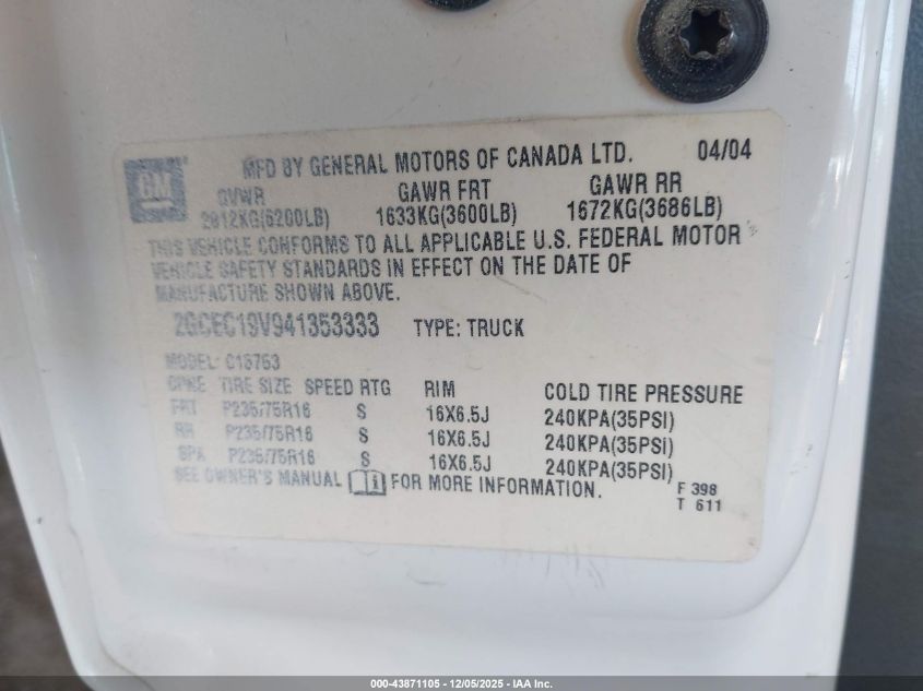 2004 Chevrolet Silverado 1500 Work Truck VIN: 2GCEC19V941353333 Lot: 43871105