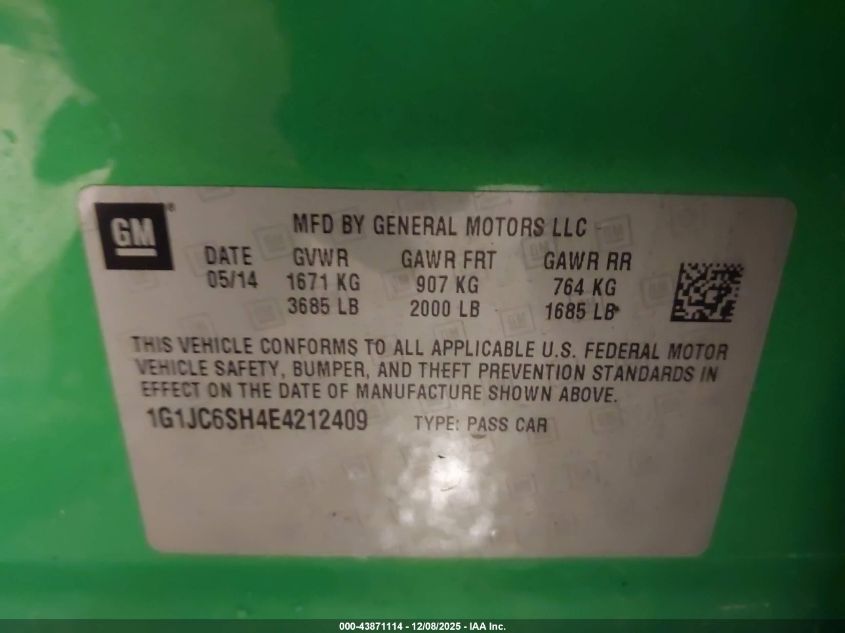 2014 Chevrolet Sonic Lt Auto VIN: 1G1JC6SH4E4212409 Lot: 43871114
