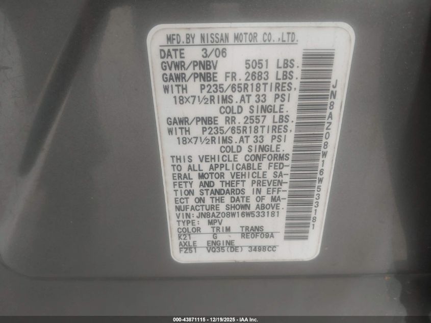 2006 Nissan Murano Sl VIN: JN8AZ08W16W533181 Lot: 43871115