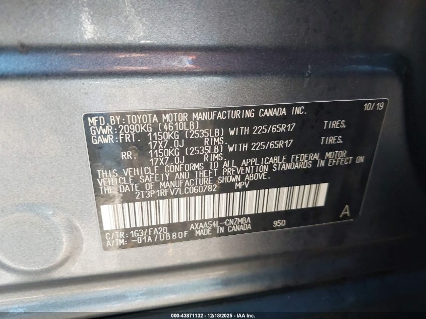 2020 Toyota Rav4 Xle VIN: 2T3P1RFV7LC060782 Lot: 43871132