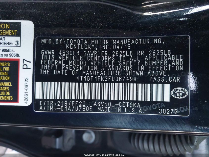 2015 Toyota Camry Se VIN: 4T1BF1FK3FU067498 Lot: 43871137