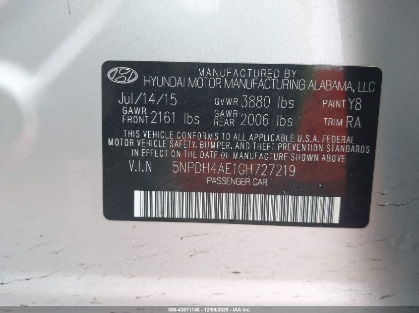 2016 Hyundai Elantra Se VIN: 5NPDH4AE1GH727219 Lot: 43871148