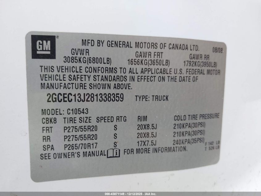 2008 Chevrolet Silverado 1500 Lt1 VIN: 2GCEC13J281338359 Lot: 43871149