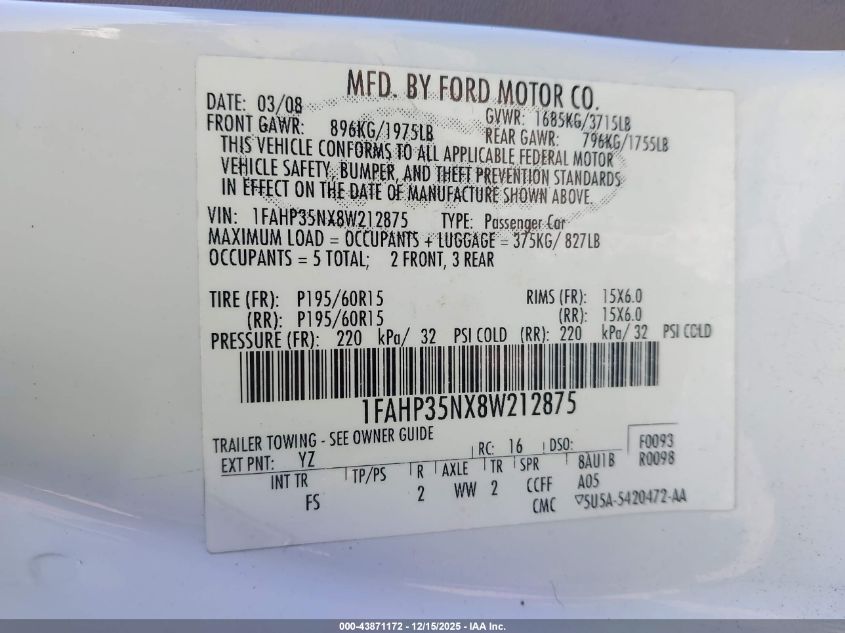 2008 Ford Focus Se/Ses VIN: 1FAHP35NX8W212875 Lot: 43871172