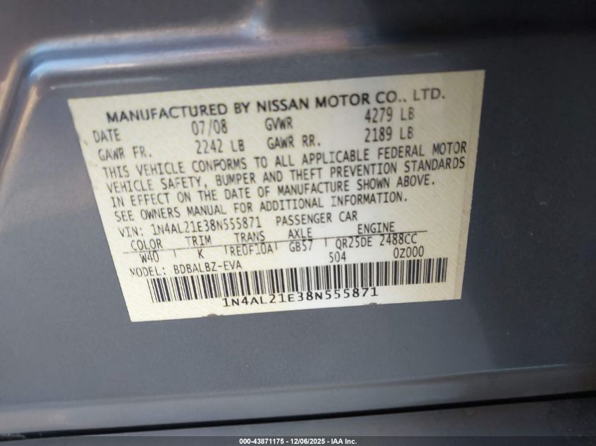 2008 Nissan Altima 2.5 S VIN: 1N4AL21E38N555871 Lot: 43871175