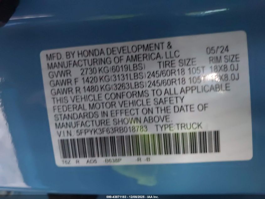 2024 Honda Ridgeline Trailsport VIN: 5FPYK3F63RB018783 Lot: 43871183