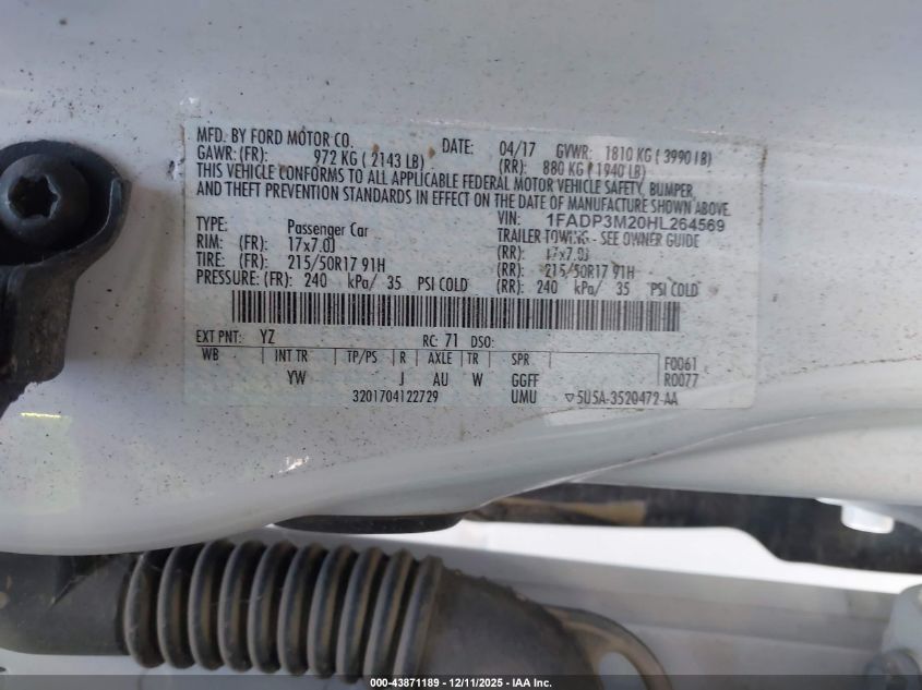 2017 Ford Focus Sel VIN: 1FADP3M20HL264569 Lot: 43871189