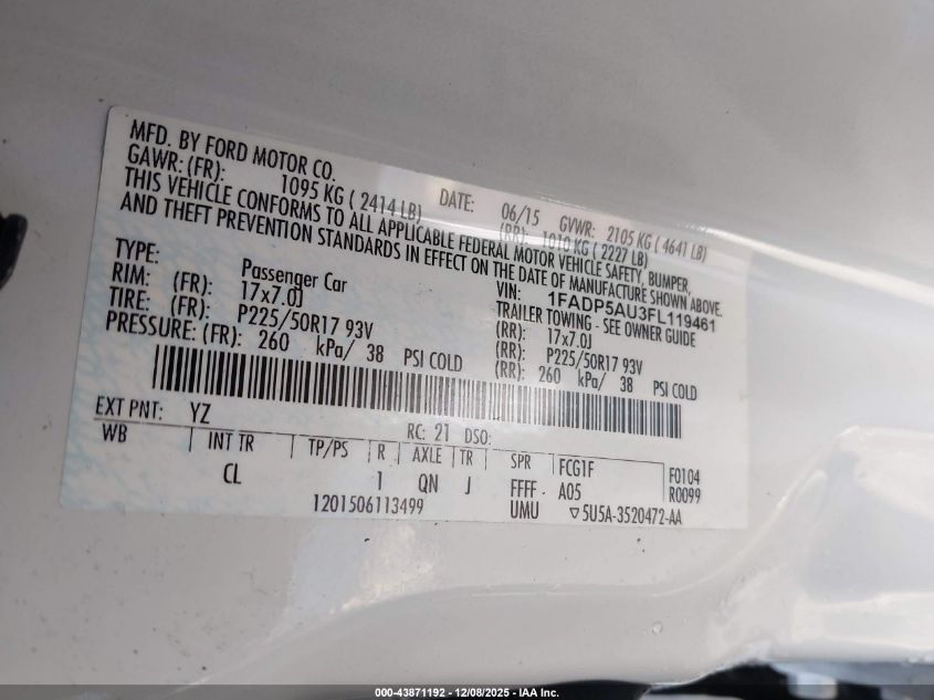 2015 Ford C-Max Hybrid Se VIN: 1FADP5AU3FL119461 Lot: 43871192