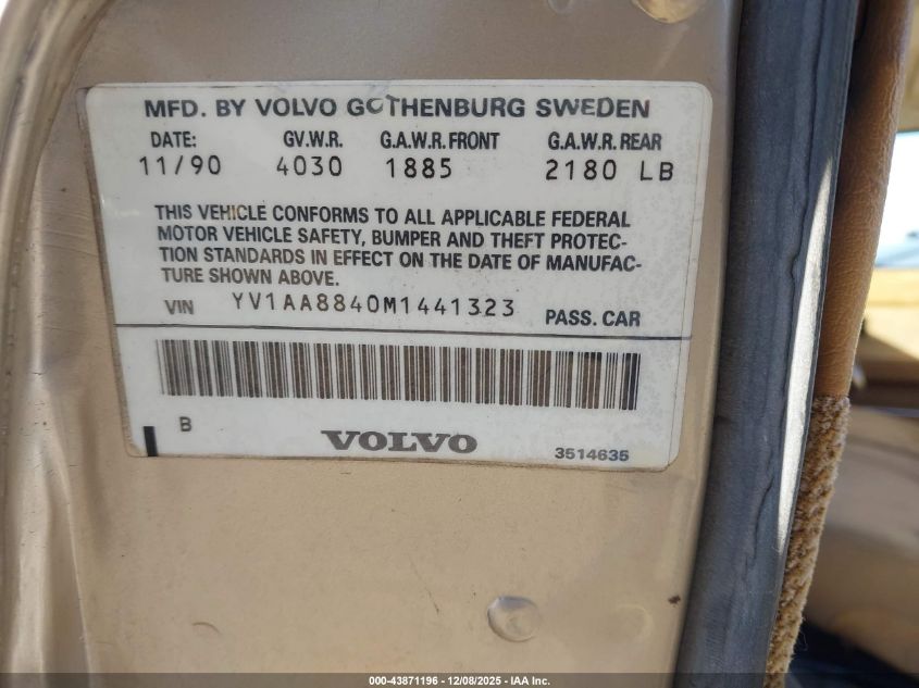 1991 Volvo 240 VIN: YV1AA8840M1441323 Lot: 43871196