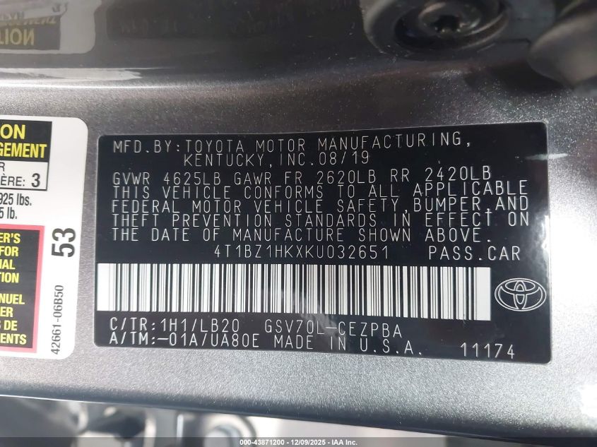 2019 Toyota Camry Xse V6 VIN: 4T1BZ1HKXKU032651 Lot: 43871200