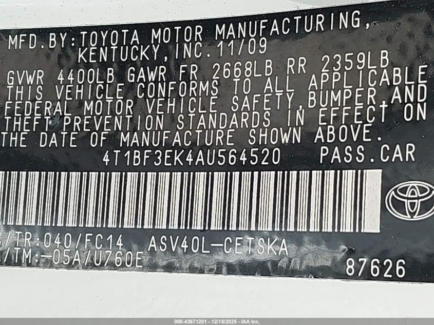 2010 Toyota Camry Se VIN: 4T1BF3EK4AU564520 Lot: 43871201