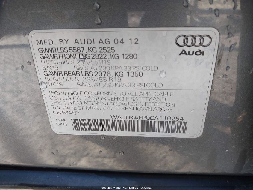 2012 Audi Q5 3.2 Premium Plus VIN: WA1DKAFP0CA110254 Lot: 43871202