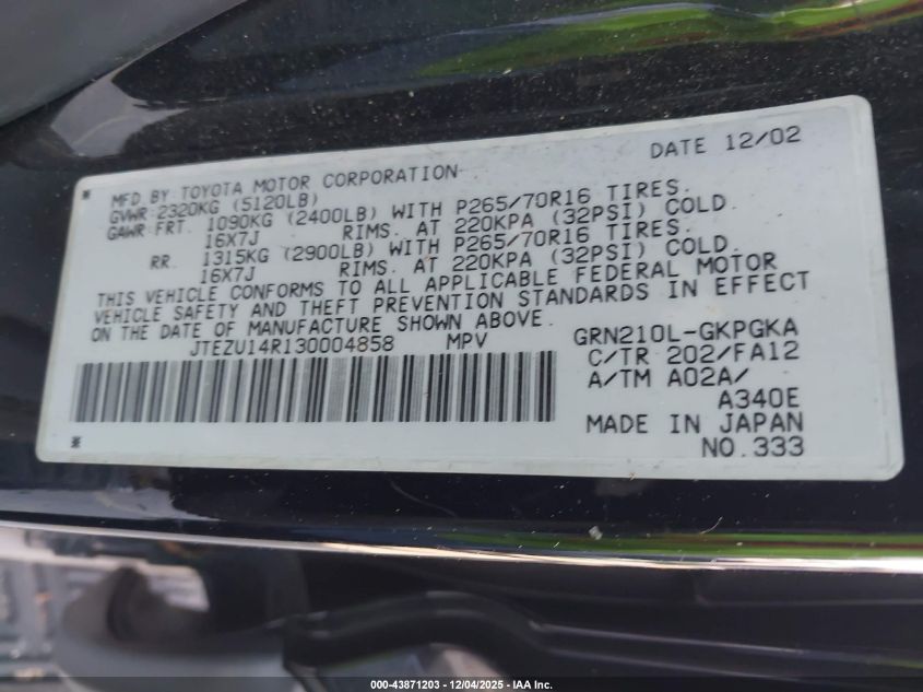 2003 Toyota 4Runner Sr5 V6 VIN: JTEZU14R130004858 Lot: 43871203