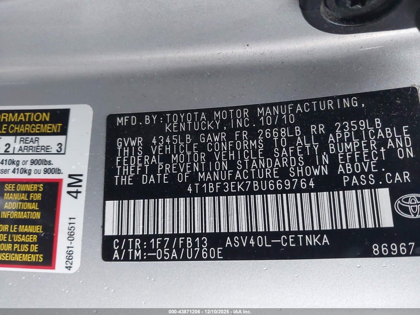 4T1BF3EK7BU669764 2011 TOYOTA CAMRY photo no. 9