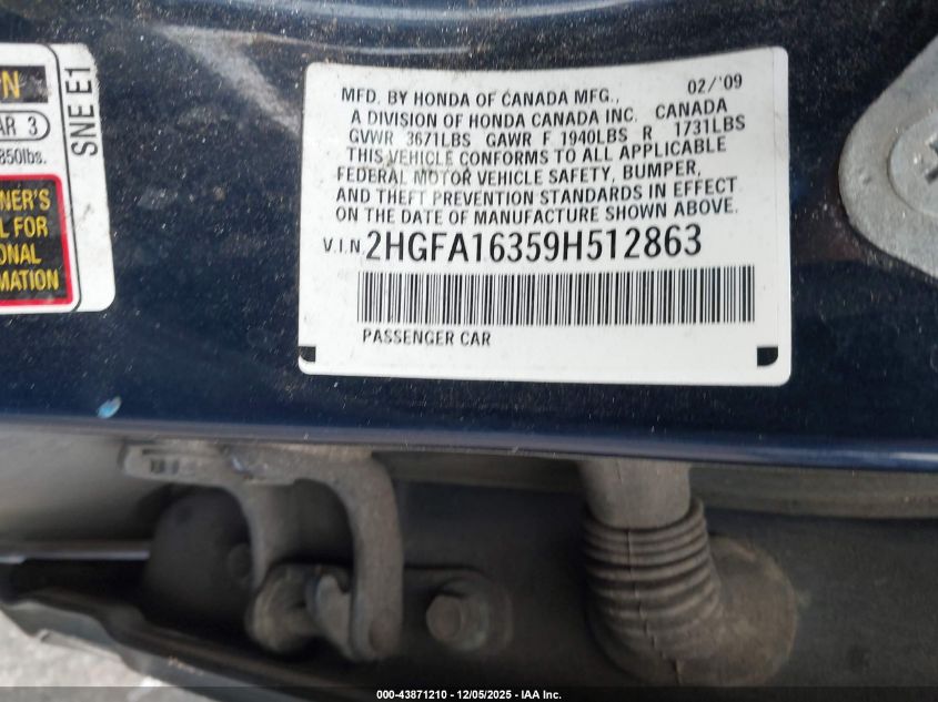 2009 Honda Civic Vp VIN: 2HGFA16359H512863 Lot: 43871210